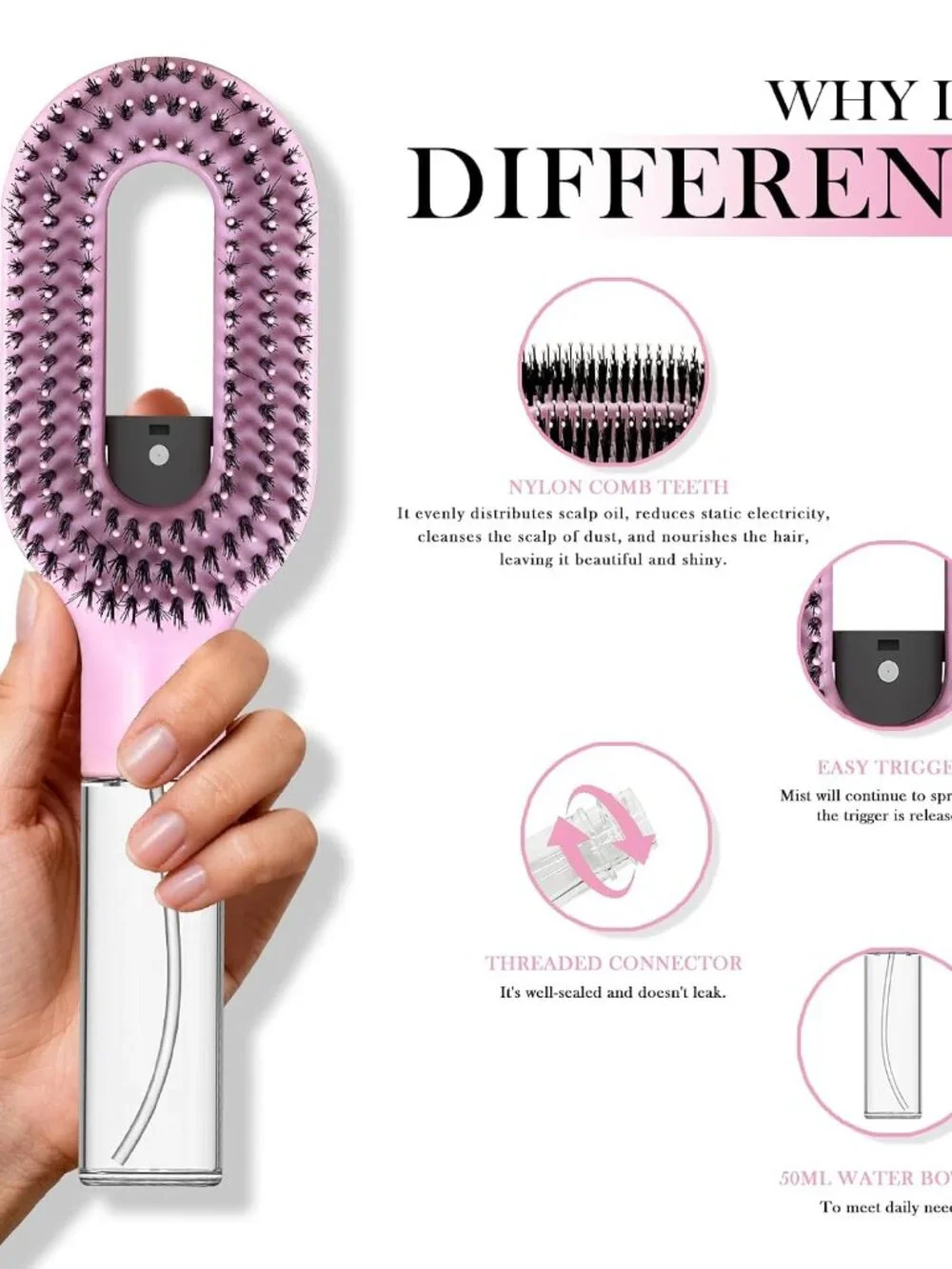 2-in-1 Detangling Hair Brush with Mister Spray - Wet & Dry Detangler for Curly